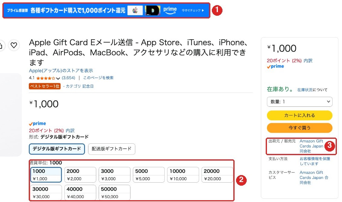 Amazonの Apple Gift Card Eメール送信の商品ページ。上部にプライム感謝祭 各種ギフトカード購入で1,000ポイント還元のバナー、金額は1,000円〜50,000円、販売元は Amazon Gift Cards Japan 合同会社